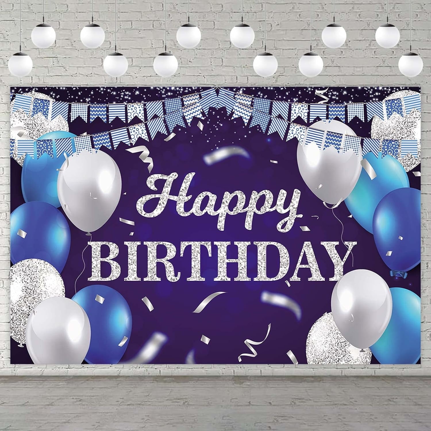 Happy Birthday Banner Backdrop Blue Balloons Confetti Stripe Flag Light Spots Theme Decorations Decor for Girls Boys Women Men 6th 21st 30th 40th 50th 60th Birthday Party